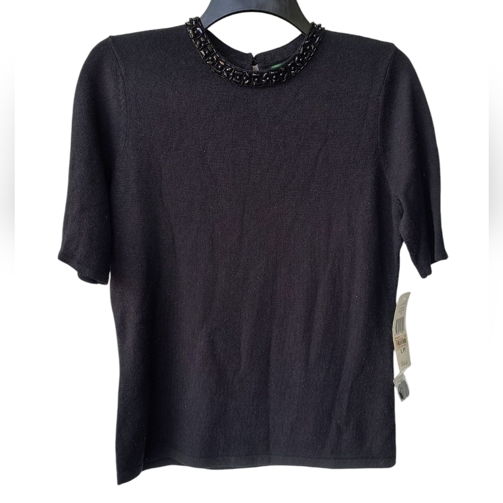 Ralph Lauren Black Jewel Embellished Short Sleeve Cashmere/Silk Sweater PL NWT
